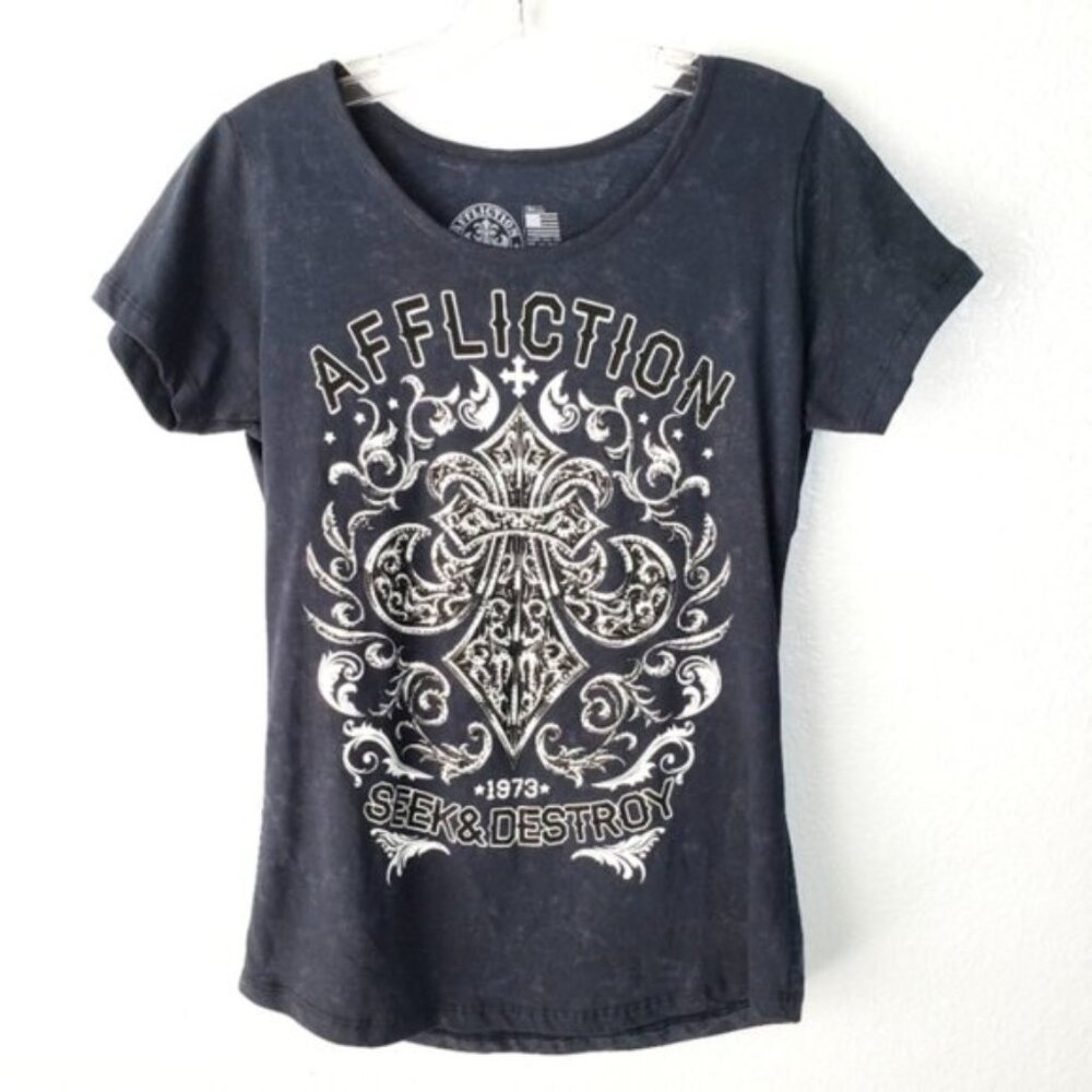 Affliction Black Short Sleeve Graphic Tee with White Print